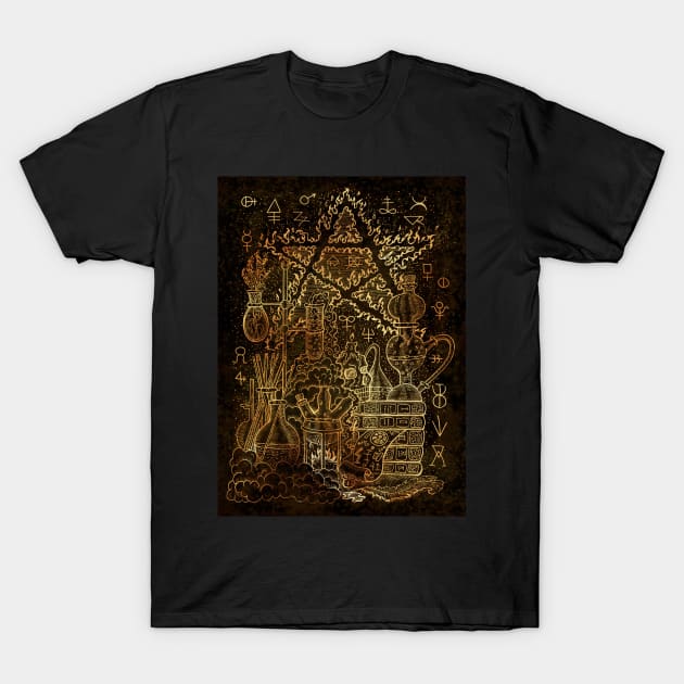 Potions and Pentagram (version 3). Mystic and occult design. T-Shirt by Mystic Arts